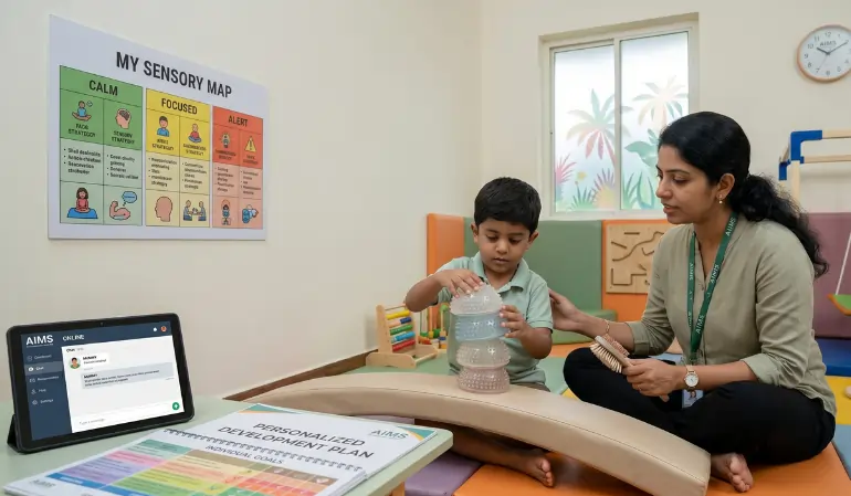 Child assessment center therapist guiding a young child through sensory and developmental activities in a specialized learning and therapy room.