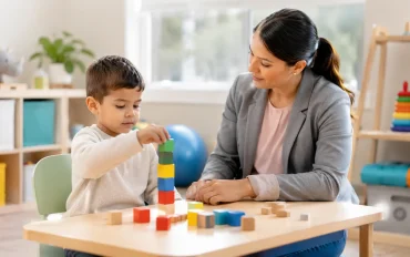 Child stacking blocks with therapist during ABA therapy session