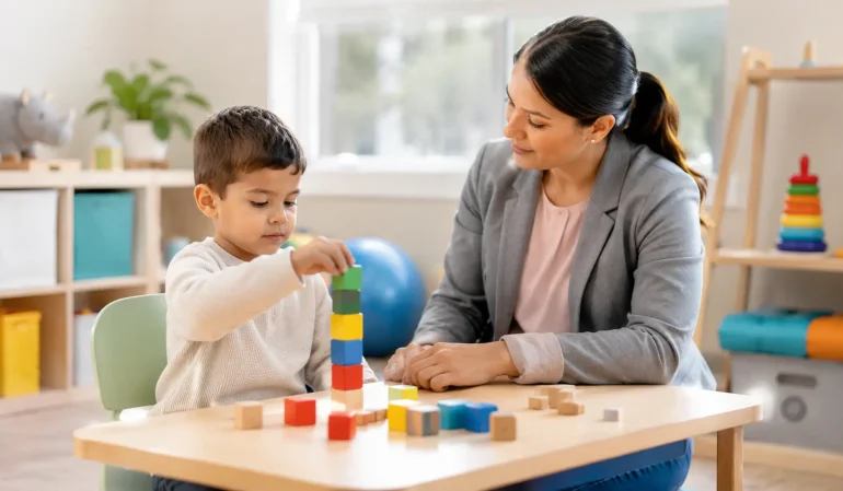 Child stacking blocks with therapist during ABA therapy session