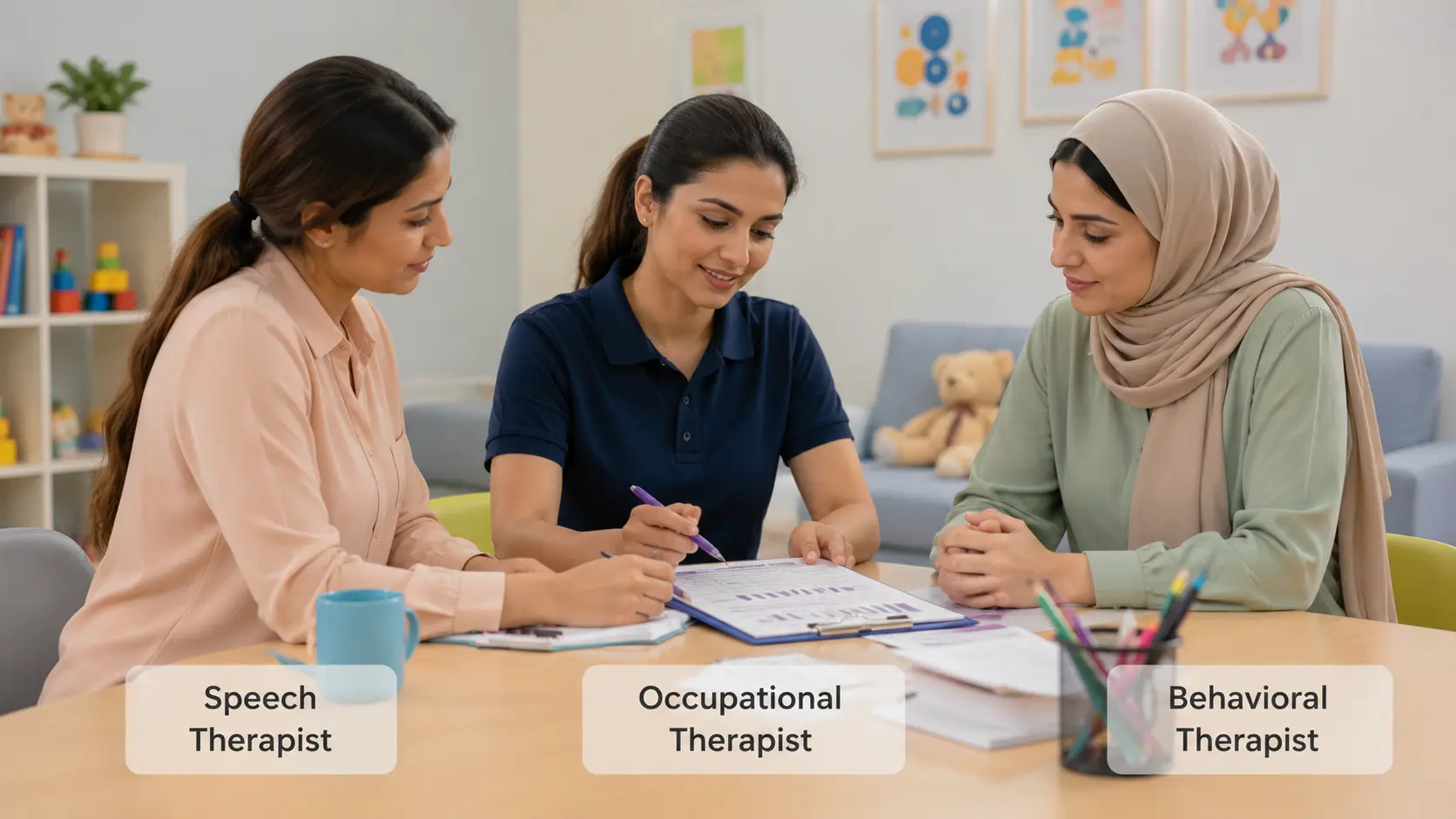 Speech, occupational, and behavioral therapists reviewing a child's progress together