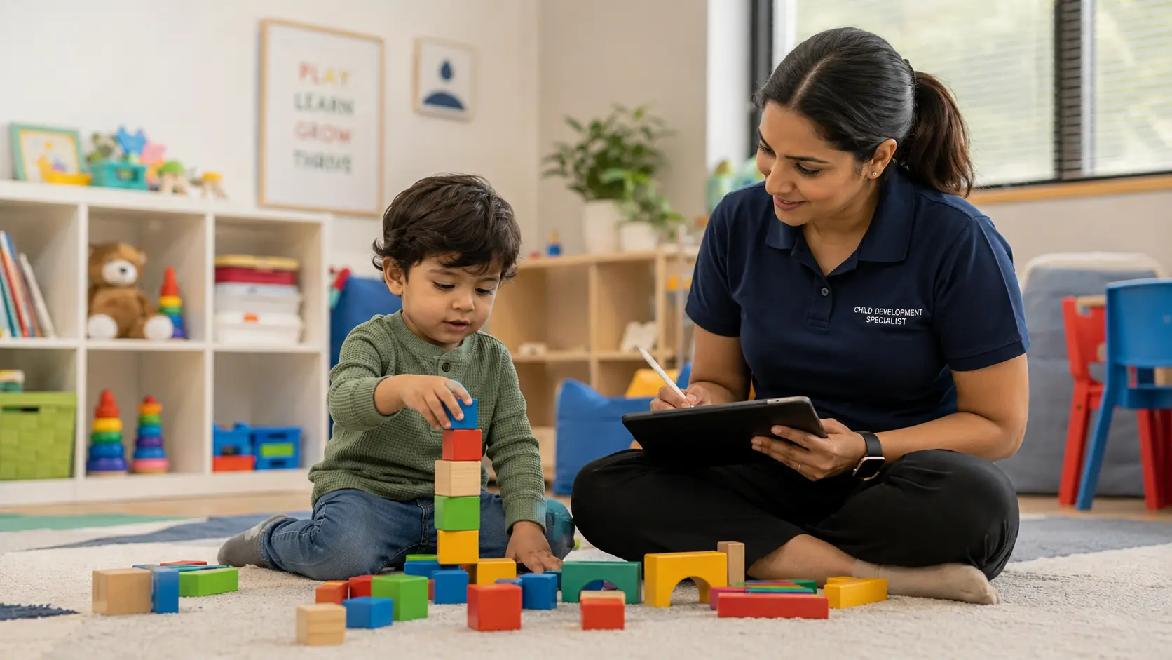 Pediatric therapist guiding a toddler through a building-block activity during a developmental delay screening session