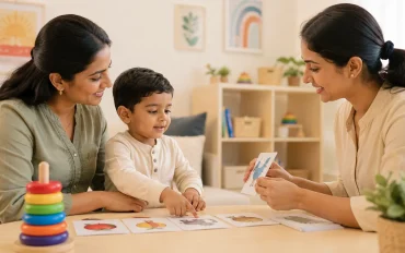 Parent and child working with a developmental specialist on a milestone activity at a child development center in Kerala