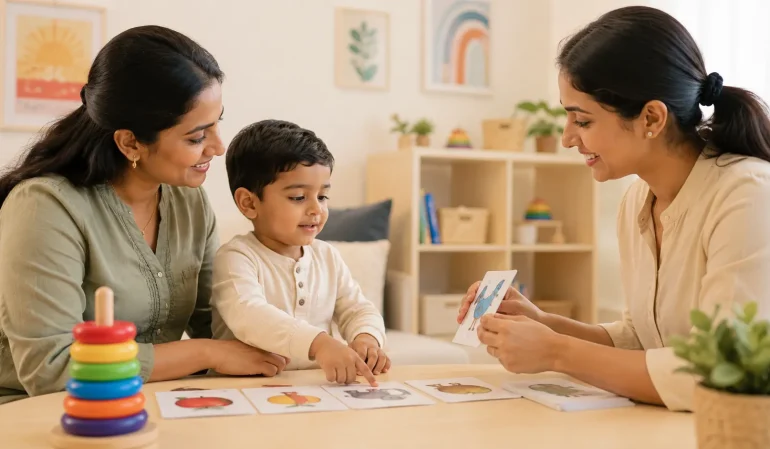 Parent and child working with a developmental specialist on a milestone activity at a child development center in Kerala