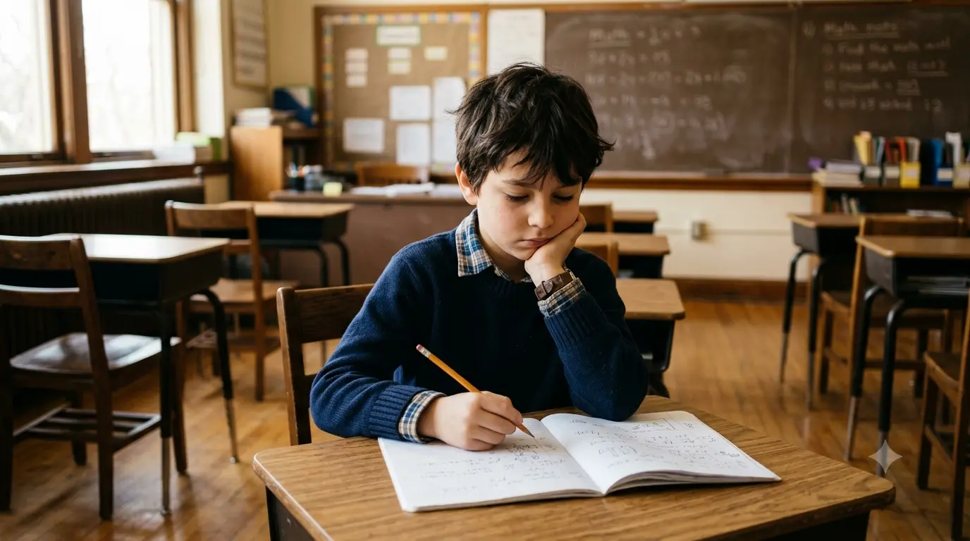 Young child sitting thoughtfully at a school desk, representing signs of school-related anxiety