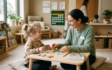 Therapist working with a child during an after school support program session