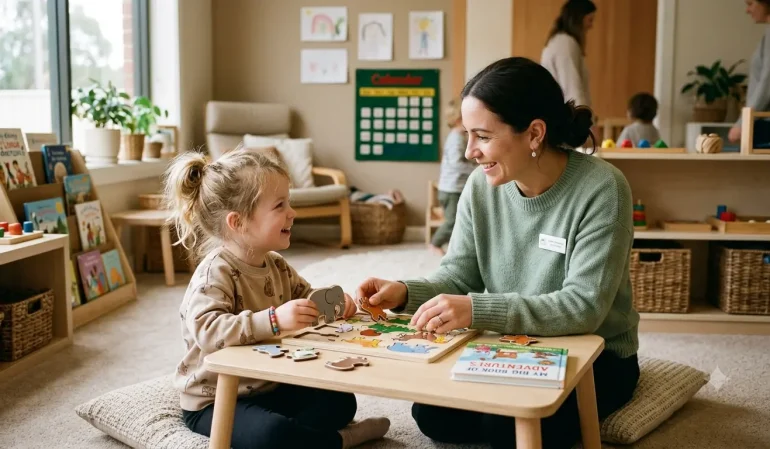 Therapist working with a child during an after school support program session