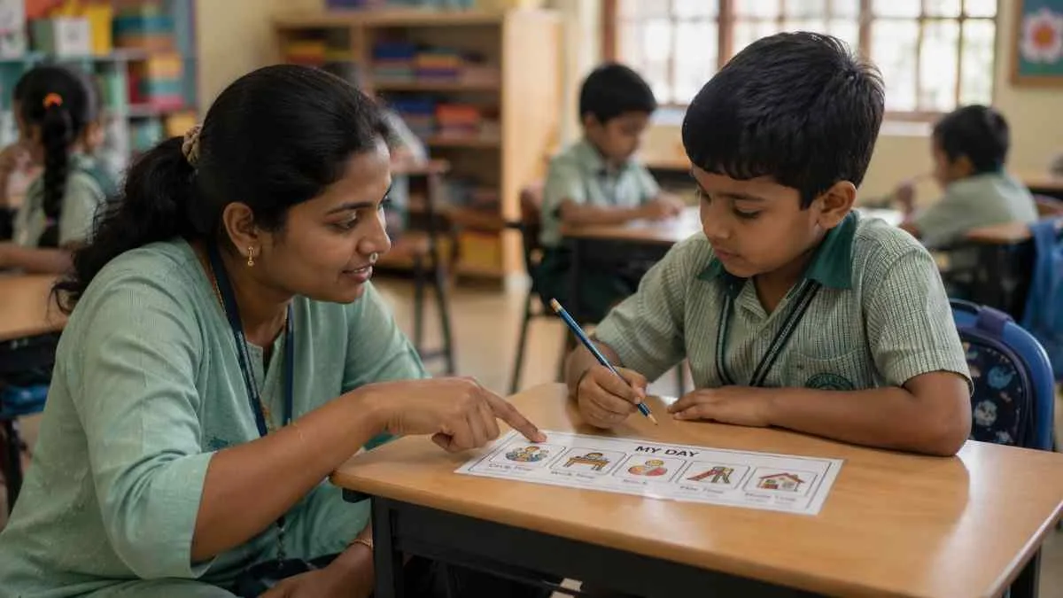 Special educator helping child with ADHD follow visual schedule chart in inclusive classroom setting