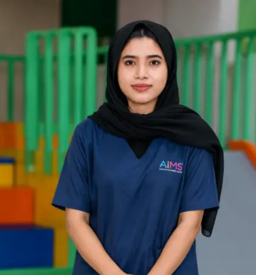 Jaseema Jasmin, BASLP Speech Therapist at AIMS Child Development Center providing speech and language therapy for children.
