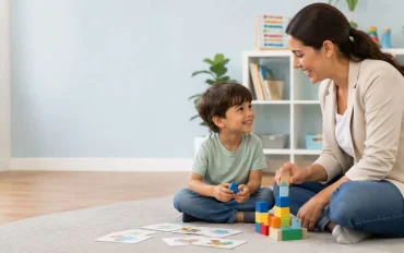Child development therapist helping a child with speech and behavioral communication skills
