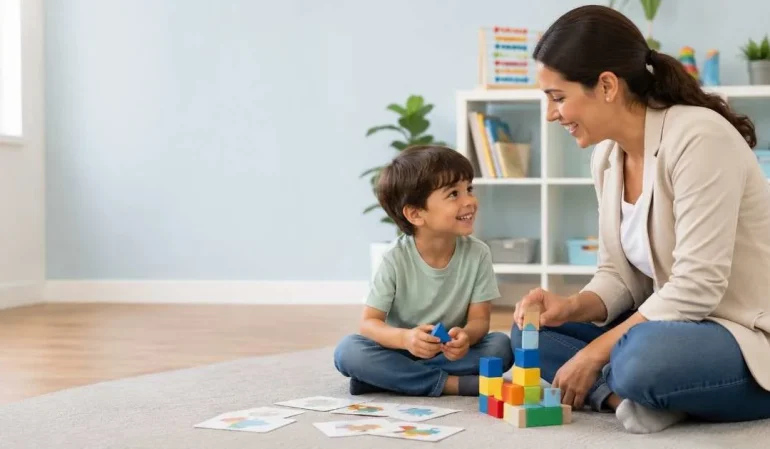 Child development therapist helping a child with speech and behavioral communication skills