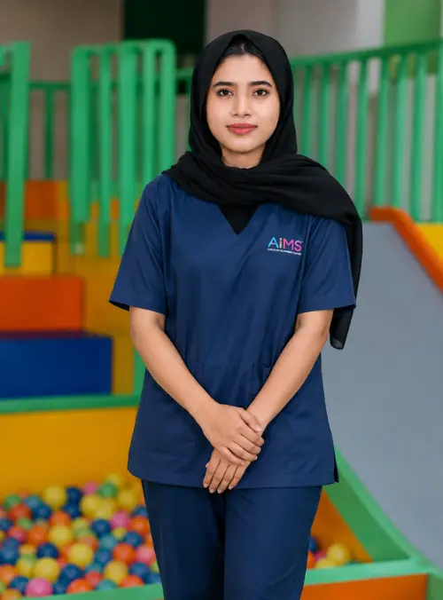 Jaseema Jasmin, BASLP Speech Therapist at AIMS Child Development Center providing speech and language therapy for children.