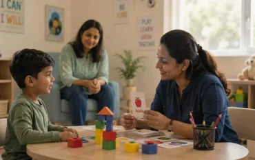 Therapist conducting ADHD assessment with young child using visual aid cards at AIMS Child Development Centre Pattambi