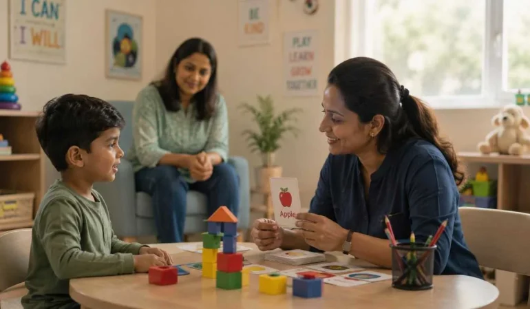 Therapist conducting ADHD assessment with young child using visual aid cards at AIMS Child Development Centre Pattambi