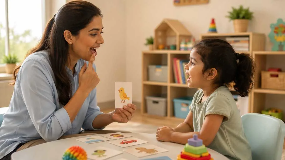 Child development therapist helping a child with speech and behavioral communication skills