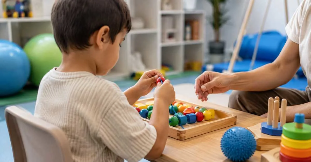 Child practicing pencil grip with therapist support during occupational therapy session