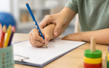 Child doing play-based occupational therapy activity with beads while therapist guides gently