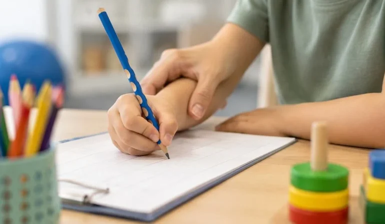 Child doing play-based occupational therapy activity with beads while therapist guides gently