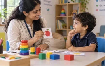 Best treatment for ADHD shown through a warm child development assessment, with a female therapist engaging a young child using colorful toys and picture cards in a supportive Kerala setting
