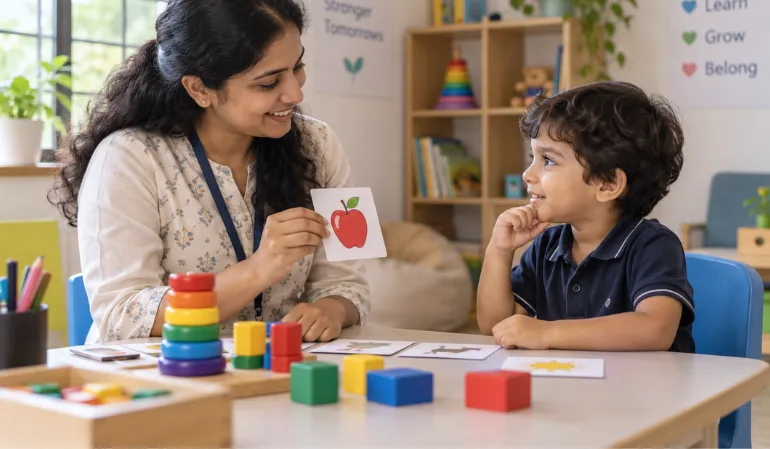 Best treatment for ADHD shown through a warm child development assessment, with a female therapist engaging a young child using colorful toys and picture cards in a supportive Kerala setting