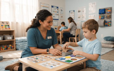 A teacher helping a young boy match shapes and picture cards on a low table in a bright classroom setting at special schools for autism near me.