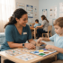 A teacher helping a young boy match shapes and picture cards on a low table in a bright classroom setting at special schools for autism near me.