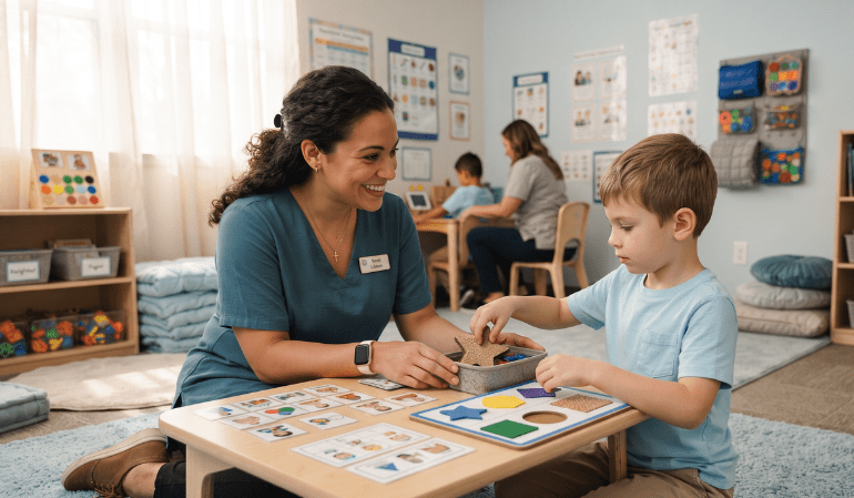 A teacher helping a young boy match shapes and picture cards on a low table in a bright classroom setting at special schools for autism near me.