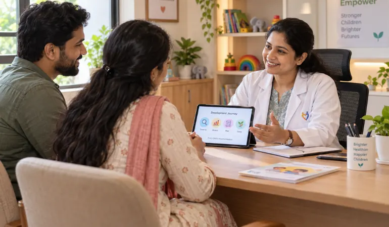 Best treatment for ADHD consultation with a pediatric specialist and parents, discussing a child’s development using a tablet and assessment plan in a warm, welcoming clinic.