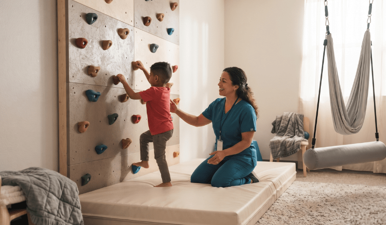 A young boy practicing sensory integration by climbing a indoor wall while a supportive therapist watches nearby, typical of programs at special schools for autism near me.