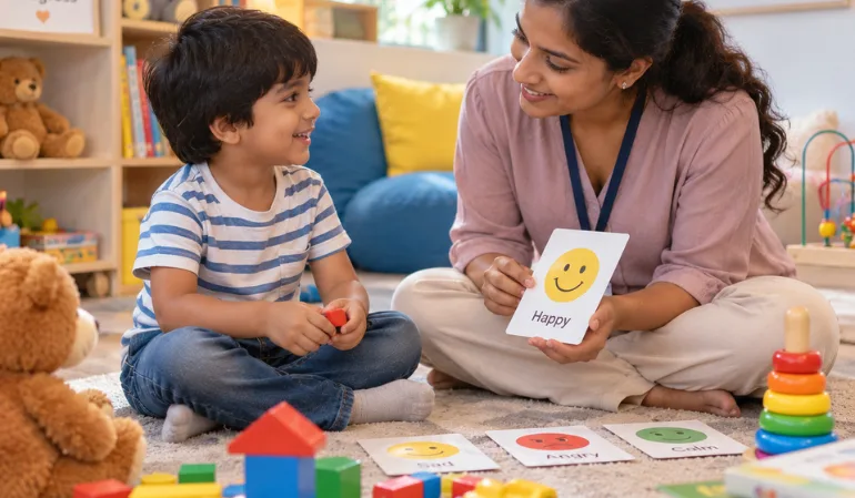 Child participating in early childhood education programs with a counselor through play, picture cards, and emotional learning activities in a colorful therapy room.