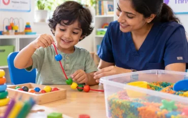 Young child participating in early childhood education programs through occupational therapy, threading colorful beads while a therapist provides gentle guidance in a bright child development center.