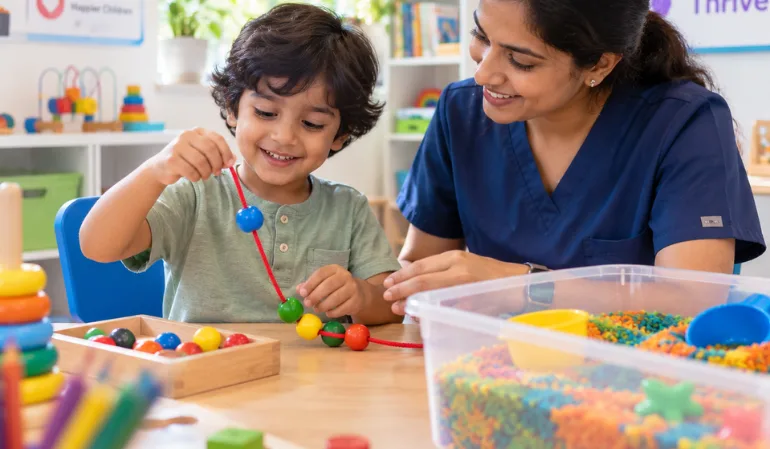Young child participating in early childhood education programs through occupational therapy, threading colorful beads while a therapist provides gentle guidance in a bright child development center.