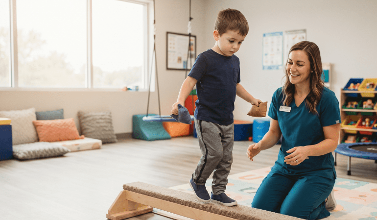 Young boy balancing with beanbags on a wooden beam while a pediatric occupational therapist watches during an ADHD and occupational therapy session.