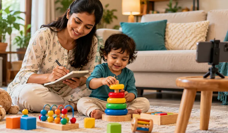 Parent tracking early childcare development at home by noting a child's play and milestones in a notebook