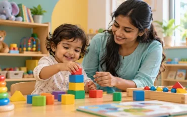 Early childcare development activities with a toddler stacking blocks beside a therapist at a childhood development center