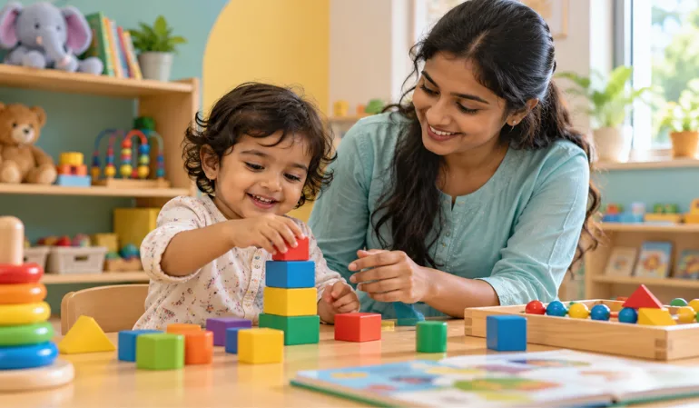 Early childcare development activities with a toddler stacking blocks beside a therapist at a childhood development center